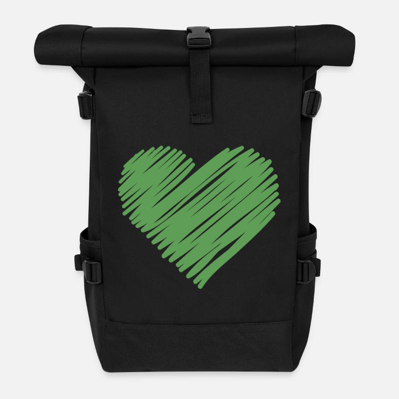 Green sketch heart - Roll Top Backpack - black