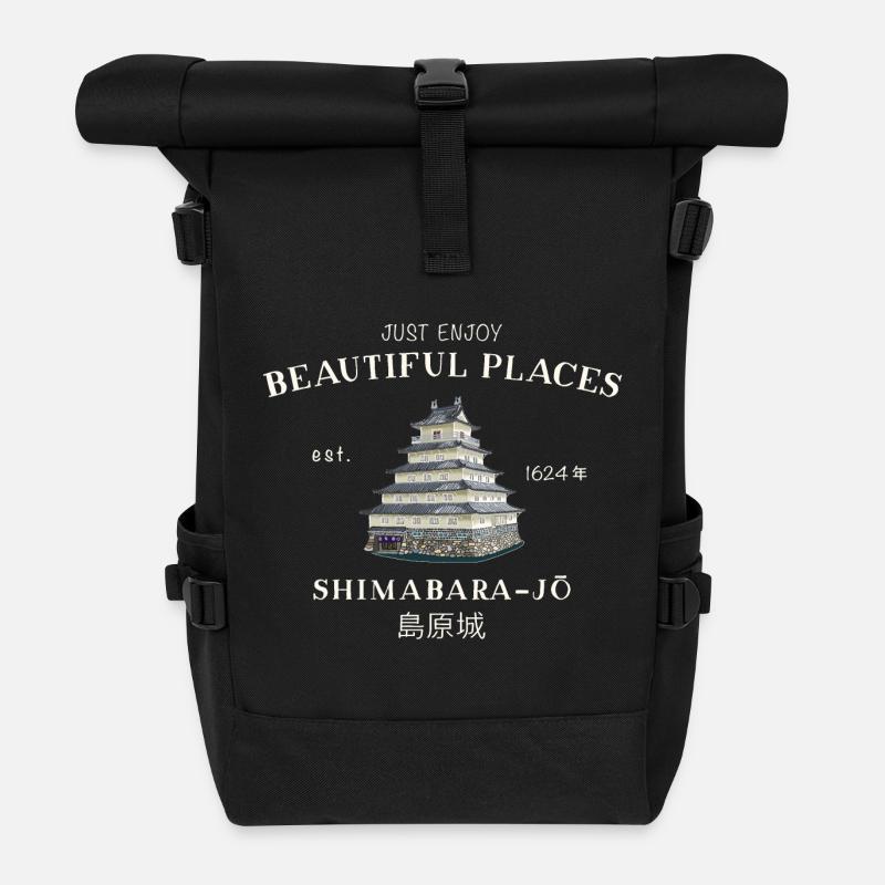 Shimabara Castle, Japan, Beautiful Places Drawing - Roll Top Backpack - black