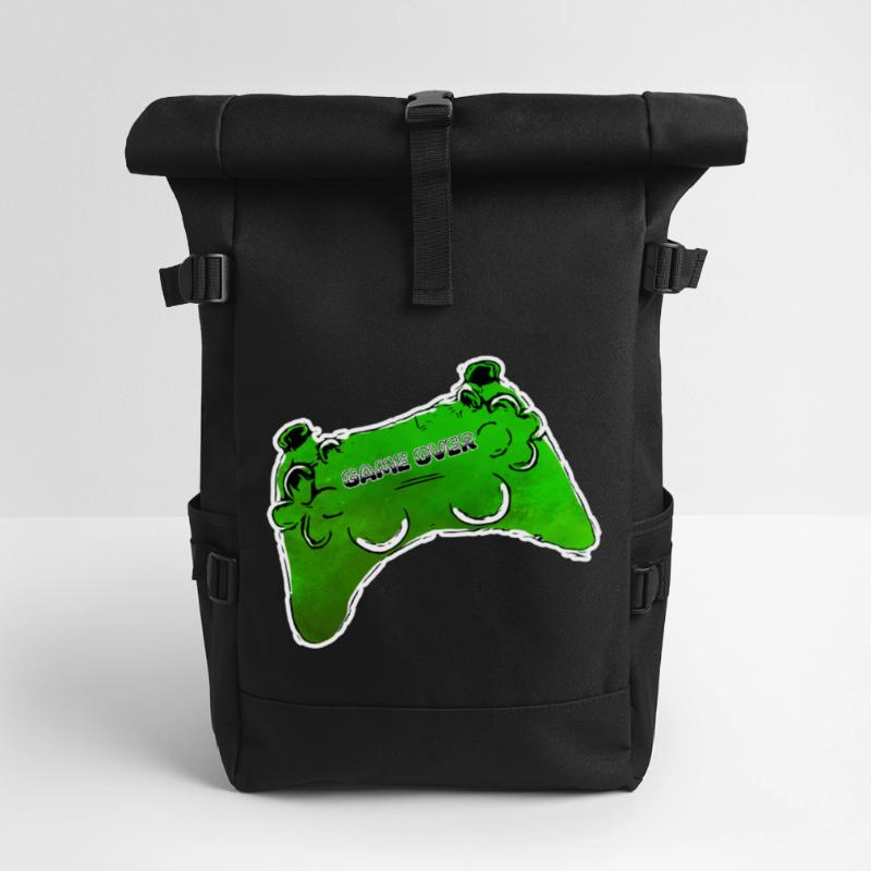 green comic controller with text GAME OVER Roll Top Backpack