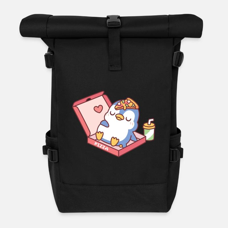 Süßer blauer Pinguin vom Pizzaessen lustig - Rolltop Rucksack - Schwarz