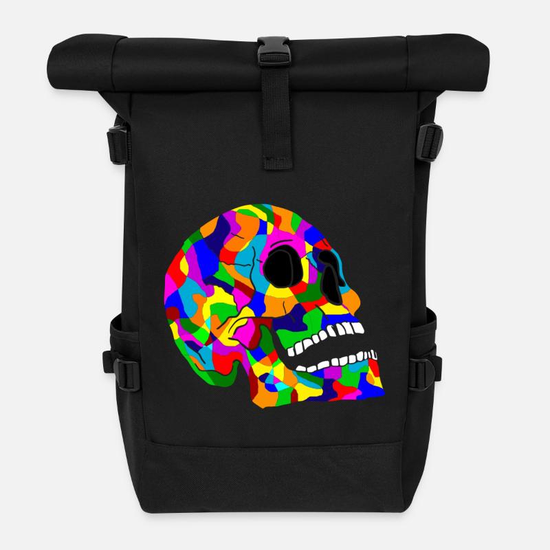 Bunter Totenkopf Schaedel Skull - Rolltop Rucksack - Schwarz