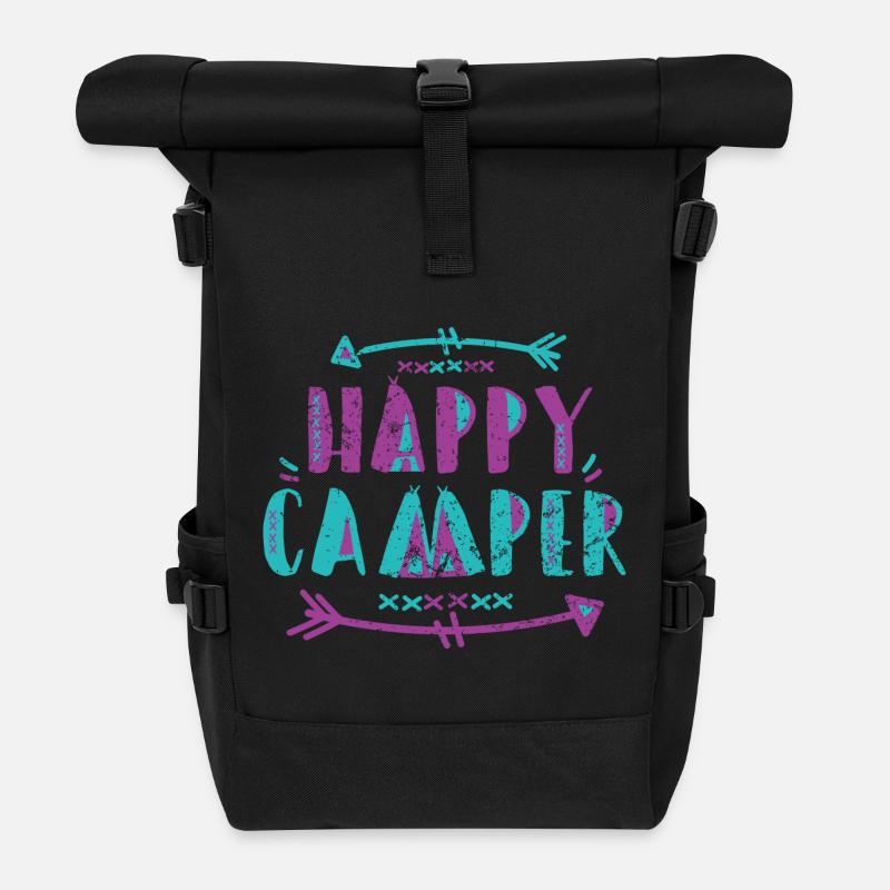 Camping Shirts - Happy Camper - Rolltop Rucksack - Schwarz