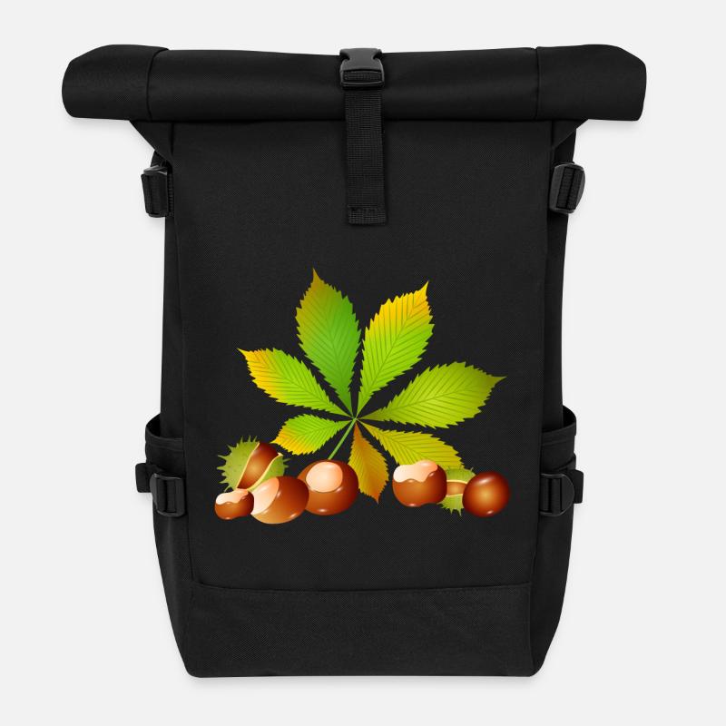 leuchtend braune Kastanien mit Kastanienblatt - Rolltop Rucksack - Schwarz
