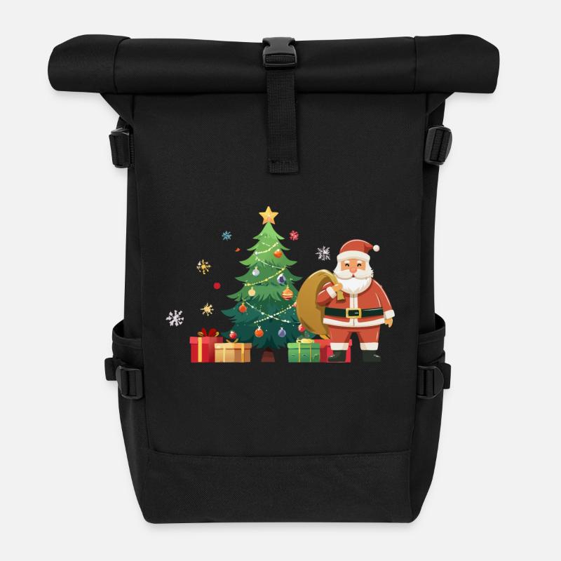 Christmas - Santa Claus and Christmas Tree - Roll Top Backpack - black
