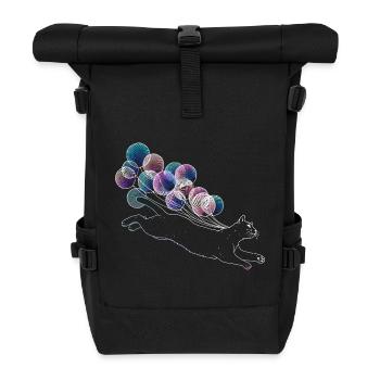 Floating Cat with Colorful Balloons Illustration - Roll Top Backpack - black - Front