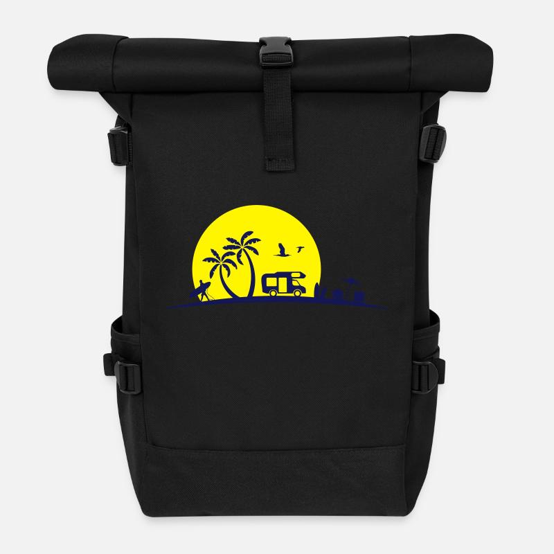 Wohnmobil Strand und Palmen - Rolltop Rucksack - Schwarz