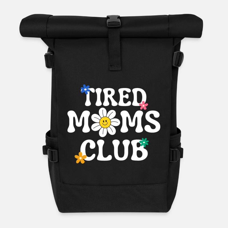 Tired Moms Club With Groovy Text - Roll Top Backpack - black