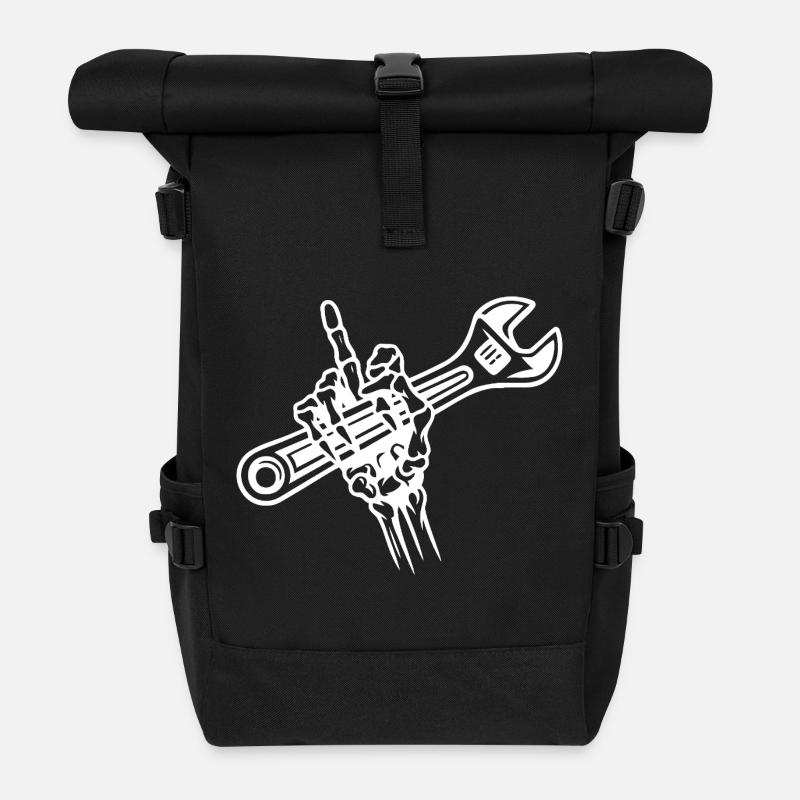 Bold Hand Holding Wrench Illustration - Roll Top Backpack - black