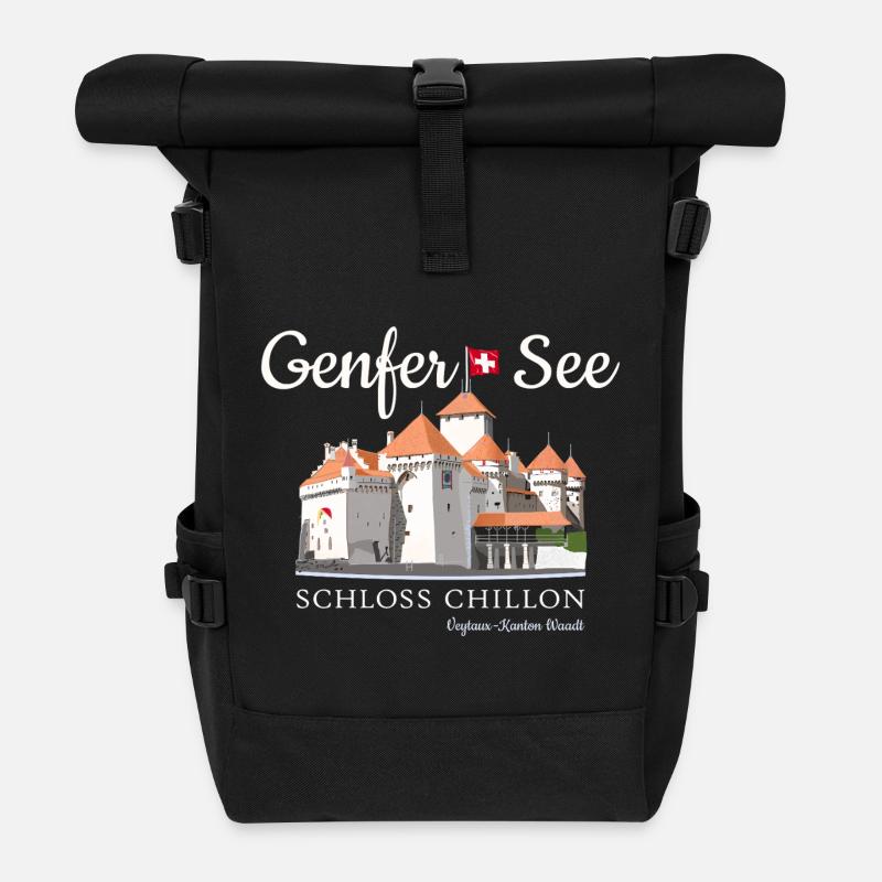 Genfer See, Handzeichnung Schloss Chillon, Schweiz - Rolltop Rucksack - Schwarz