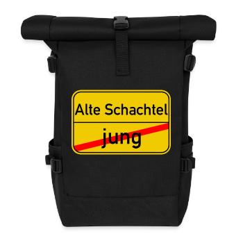 Ortsschild jung - Alte Schachtel - Rolltop Rucksack - Schwarz - Vorne
