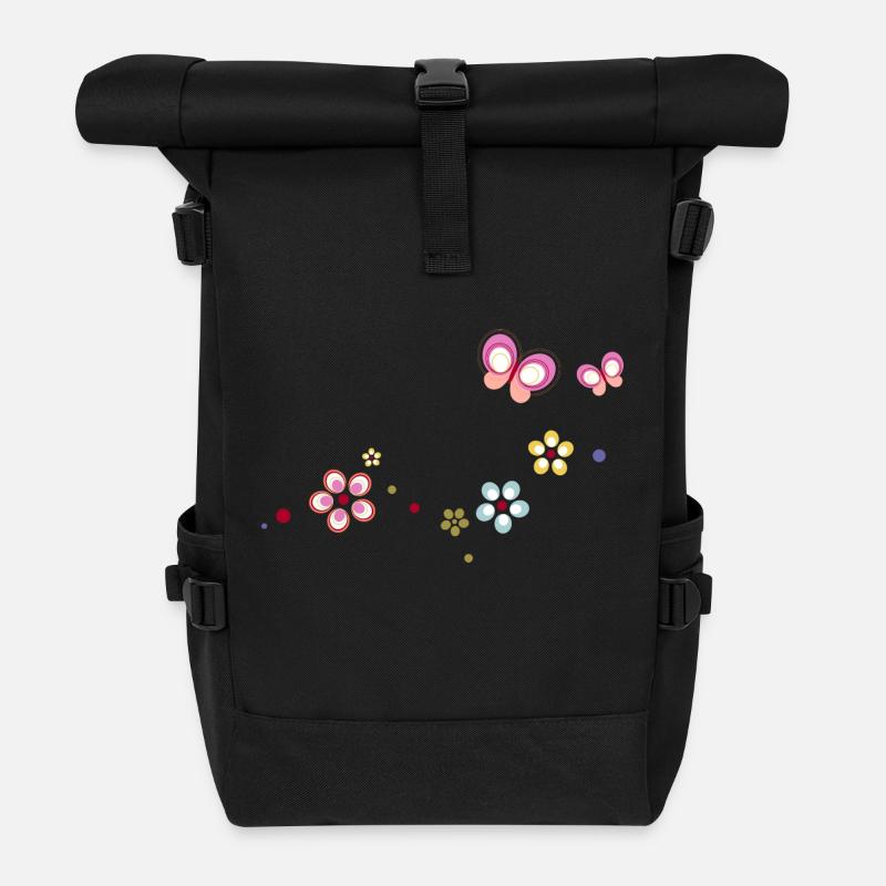 bunte Blümchen mit Schmetterlingen - Rolltop Rucksack - Schwarz