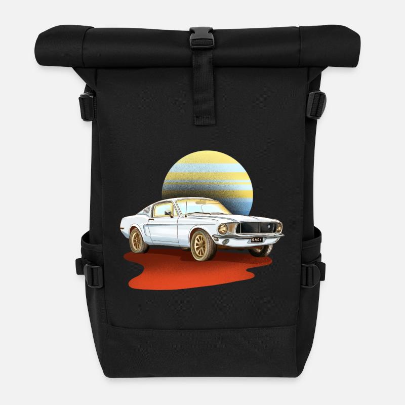 Retro white car – classic vintage - Roll Top Backpack - black