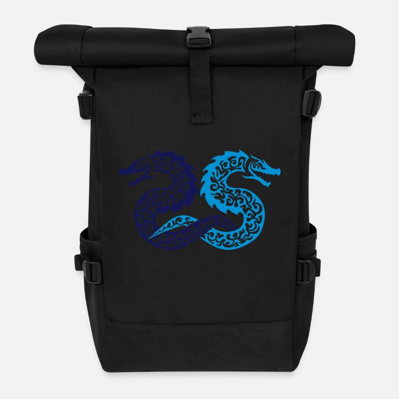 Twin Tribal Dragon - Roll Top Backpack - black