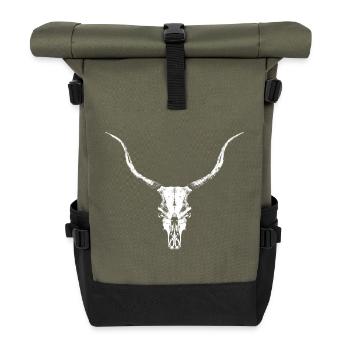 Rinderschädel / Rindskopf / Knochenschädel / Stier - Rolltop Rucksack - Olive/Schwarz - Vorne