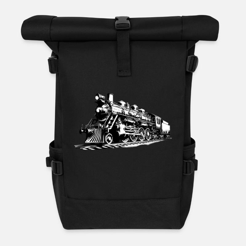 Railway Steam Locomotive - Roll Top Backpack - black