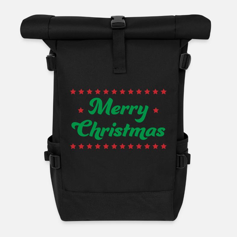 Merry Christmas Stars Green Red - Roll Top Backpack - black