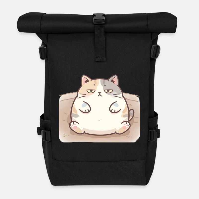 Flauschige dicke Katze in Stillpose - Rolltop Rucksack - Schwarz