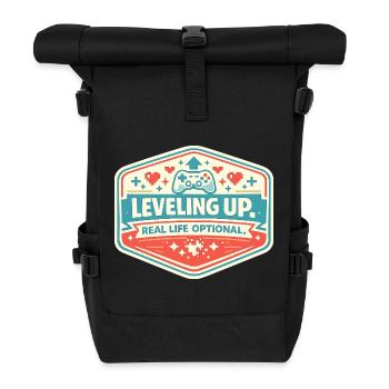 Leveling Up Gaming Abzeichen - Rolltop Rucksack - Schwarz - Vorne