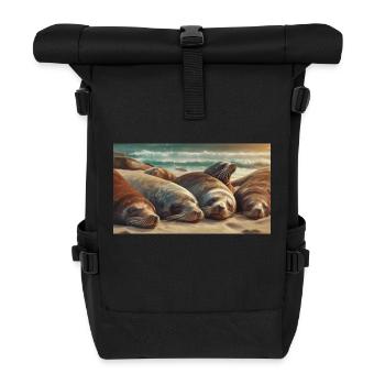 Niedliche Tiere chillen – Seelöwe schläft am Strand - Rolltop Rucksack - Schwarz - Vorne