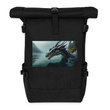 Ein realistischer böser dunkler Drache in einem nebligen Fluss - Rolltop Rucksack - Schwarz - Vorne
