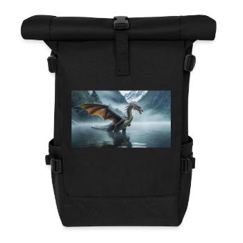 Ein realistischer böser dunkler Drache in einem nebligen Fluss - Rolltop Rucksack - Schwarz - Vorne