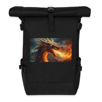 Ein realistischer, majestätischer dunkler Drache, der Flammen speit - Rolltop Rucksack - Schwarz - Vorne