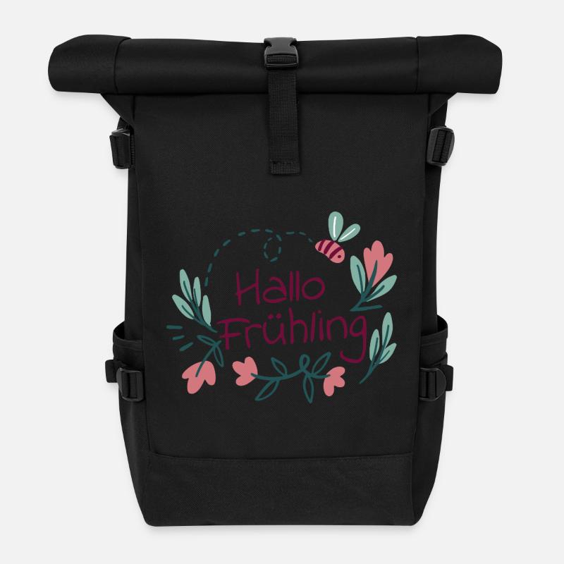 Hallo Frühling Blütenkranz mit Biene - Rolltop Rucksack - Schwarz