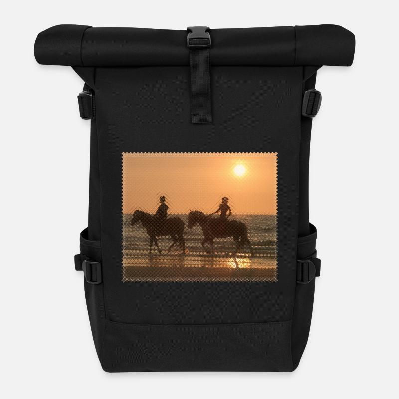 Sonnenuntergang Reiter am Strand - Rolltop Rucksack - Schwarz