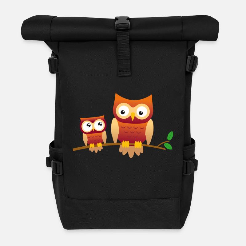 Chouette avec petit hibou - Sac à dos roll top - noir