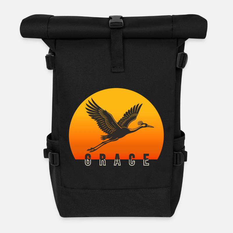 Grace – Der Kranich im Sonnenuntergang - Rolltop Rucksack - Schwarz