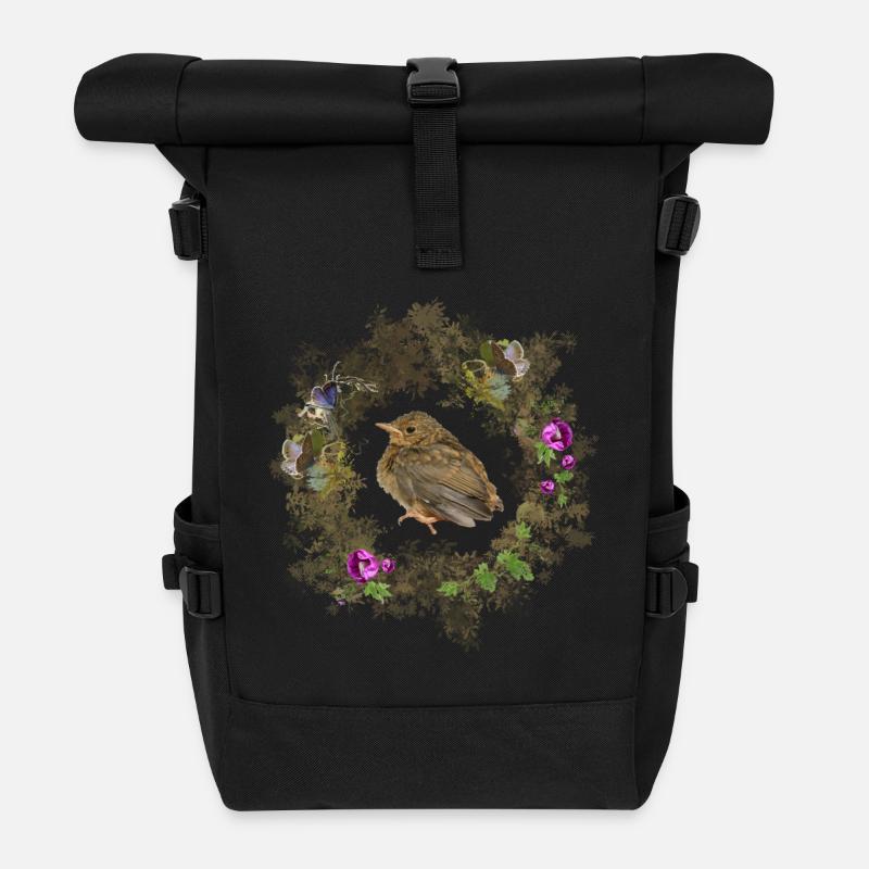 Rotkehlchen mit zarten Blüten und Bläulingen - Rolltop Rucksack - Schwarz