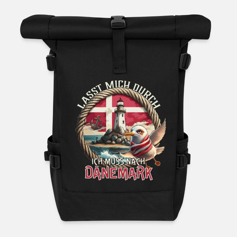 Dänemark - lasst mich durch - Möwe - Leuchtturm - Rolltop Rucksack - Schwarz
