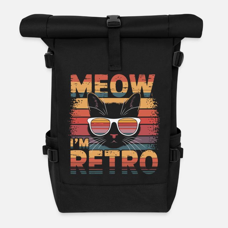 Retro Cat with Sunglasses and Text - Roll Top Backpack - black