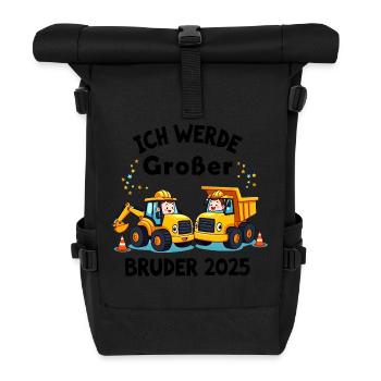 Ich Werde Großer Bruder 2025 Bagger Schwarz Kinder - Rolltop Rucksack - Schwarz - Vorne