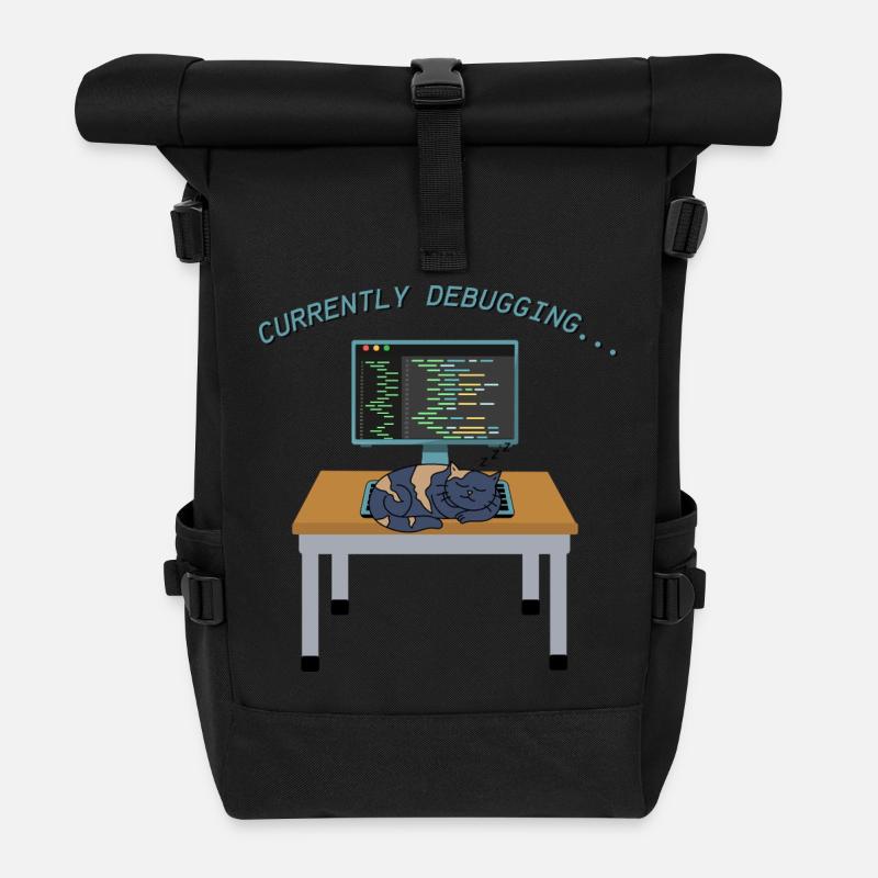 Katze beim Debuggen am Monitor - Rolltop Rucksack - Schwarz