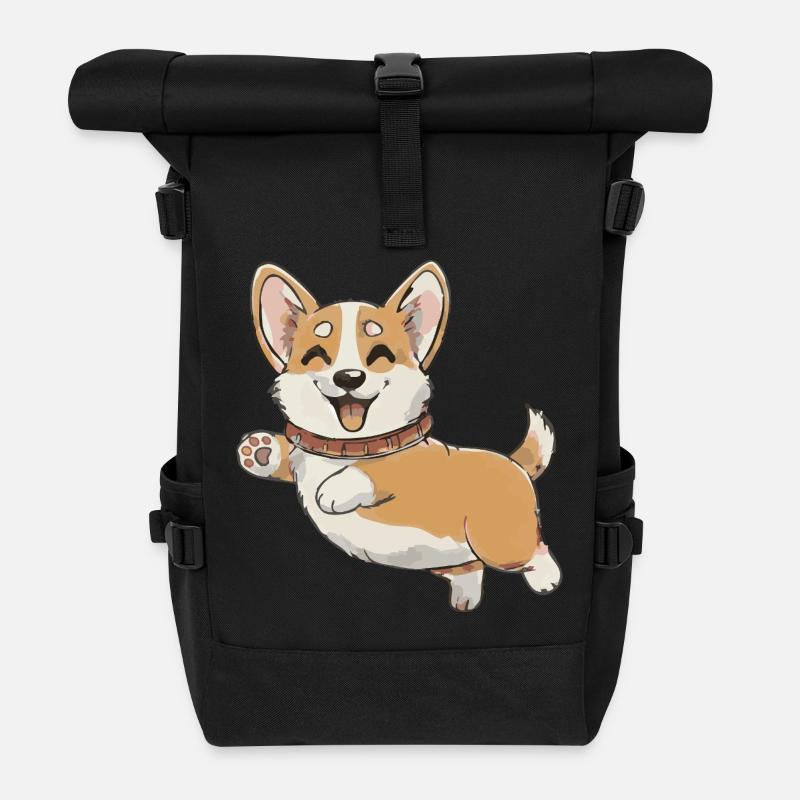 Glücklicher Corgi in Bewegung - Rolltop Rucksack - Schwarz