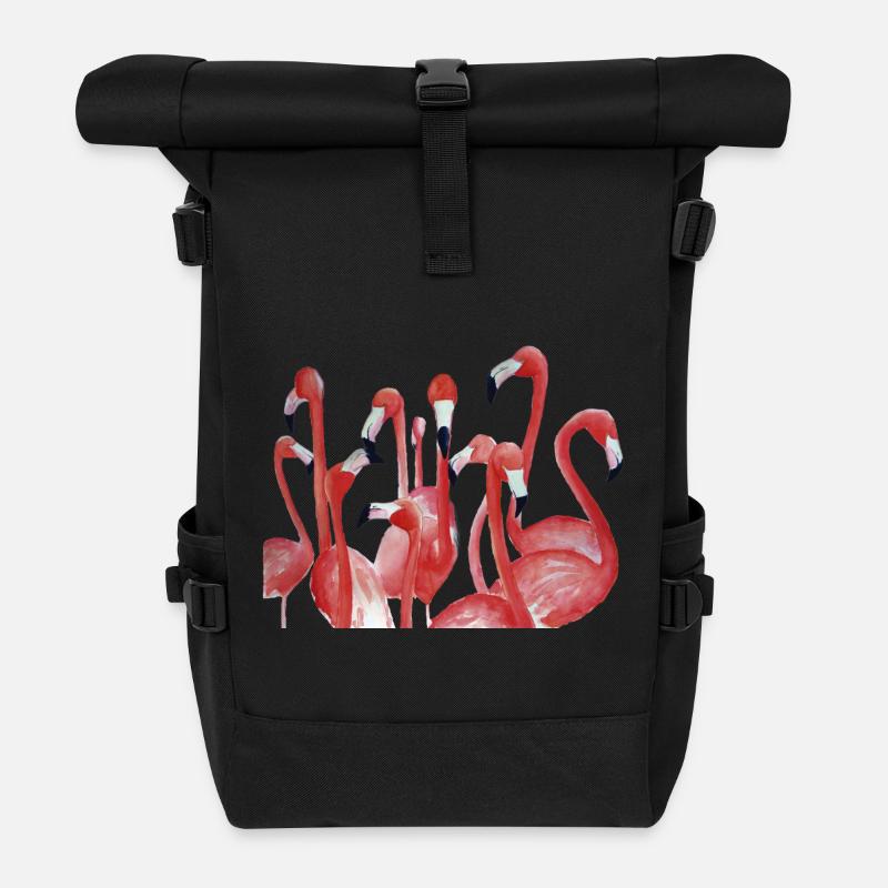 Lebendiges Flamingo-Aquarell-Ensemble - Rolltop Rucksack - Schwarz