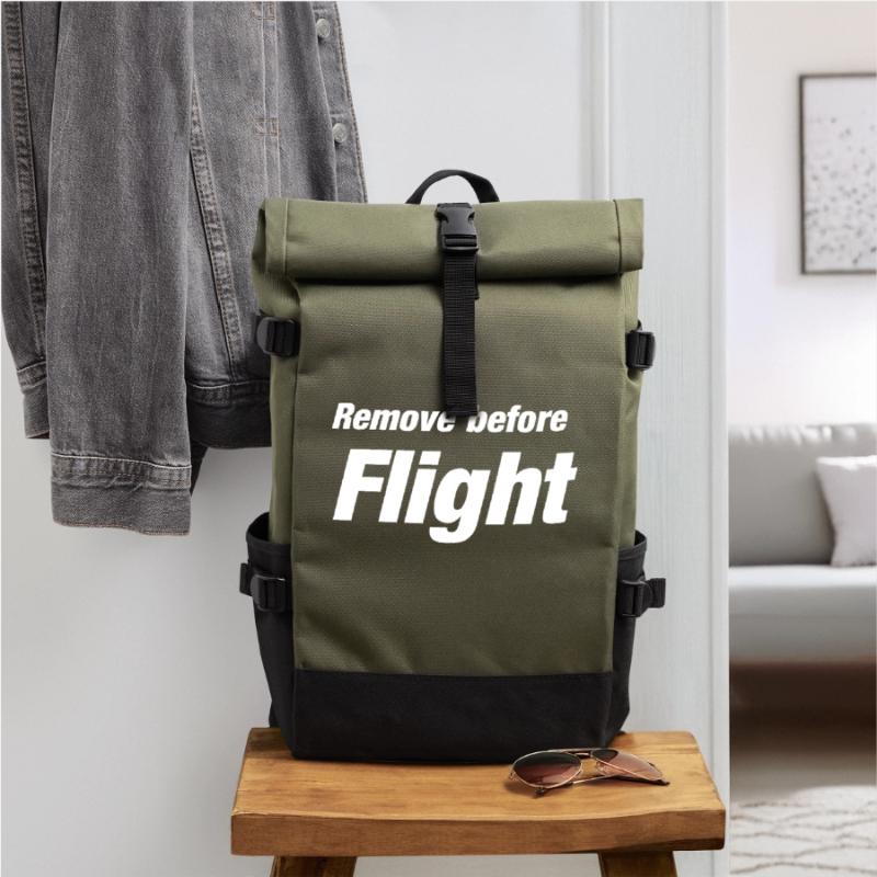 Remove before Flight Saying Pilot Gift Idea Roll Top Backpack