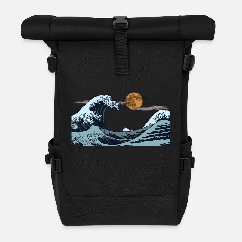 Kanagawa Waves Aesthetic Japanese Art Great Wave - Roll Top Backpack - black