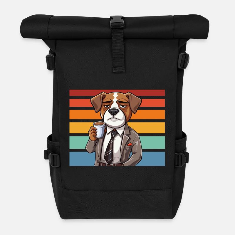 Coffee dog in suit in front of retro stripes - Roll Top Backpack - black
