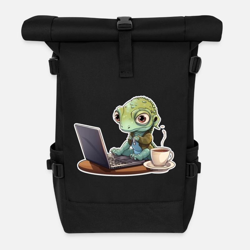 Gecko Home Office Coffee Laptop Funny Shirt - Roll Top Backpack - black
