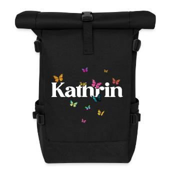 Schöner Mädchenname mit Schmetterlingen KATHRIN - Rolltop Rucksack - Schwarz - Vorne