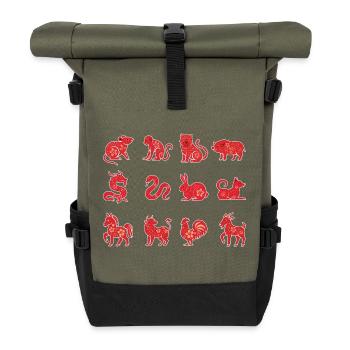 Floral Chinese New Year Chinese Zodiac Animal Sign - Roll Top Backpack - olive/black - Front