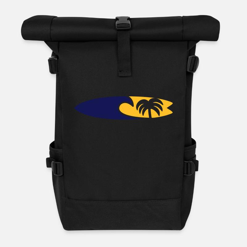 Surfboard Wave Palm Tree - Roll Top Backpack - black