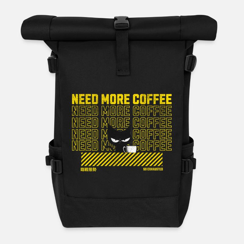 Schwarze Katze mit Kaffeetasse Illustration - Rolltop Rucksack - Schwarz