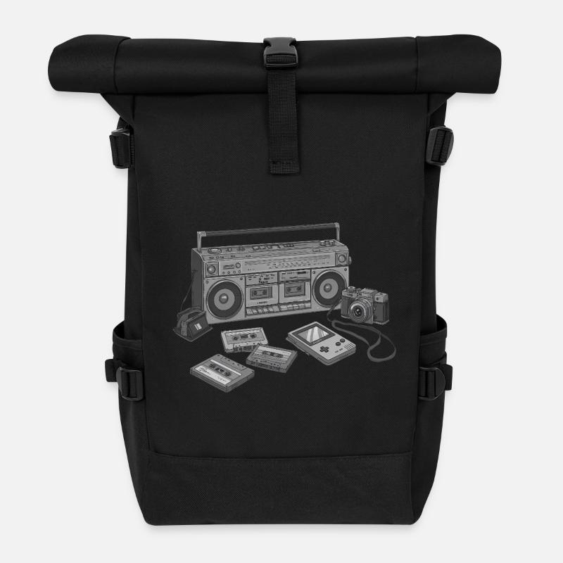 Retro cassette and camera design - Roll Top Backpack - black