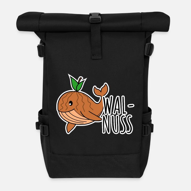 Walnuss - Halb Wal halb Nuss schwimmt lustig herum - Rolltop Rucksack - Schwarz