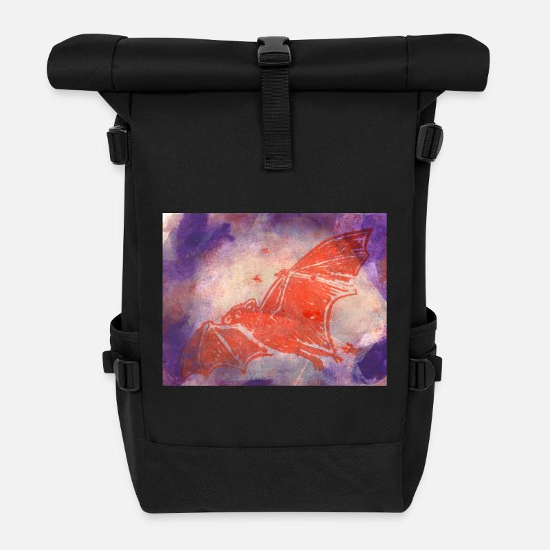 Mystical red bat in watercolor style - Roll Top Backpack - black