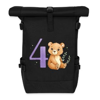 Watercolor Bear with Number 4 - Roll Top Backpack - black - Front
