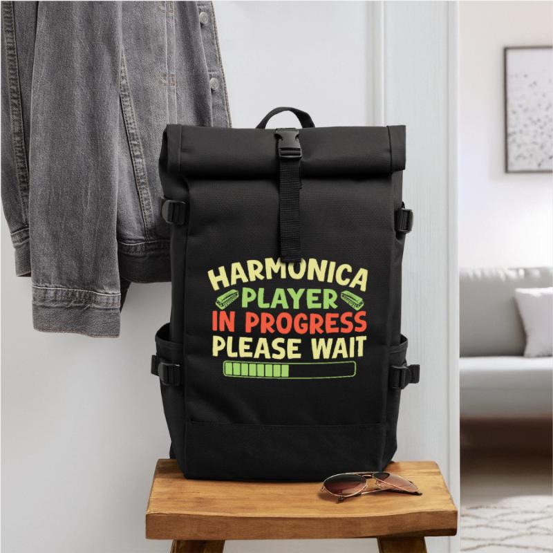 Funny Harmonica Player In Progress Harmonica Roll Top Backpack